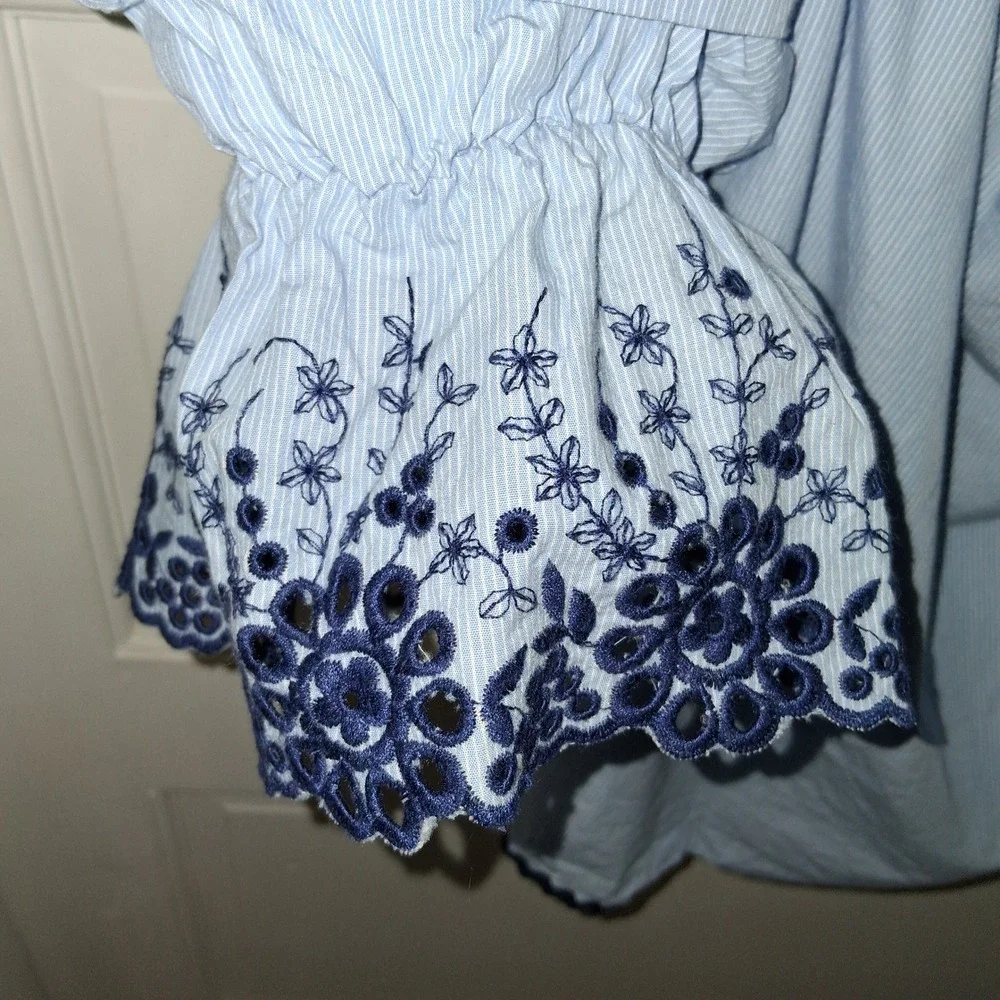 Zara Basic Blue Pinstripe Off Shoulder Embroidered Puff Sleeve Blouse Small
